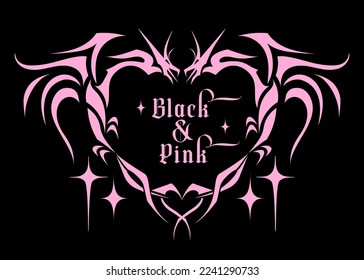 Goth glam tattoo print with heart shaped dragons emo goth slogan. Black and pink concept. Nostalgia Glamor trendy 2000's, 1990's aesthetic. Rock love vector icon with silhouette tat.