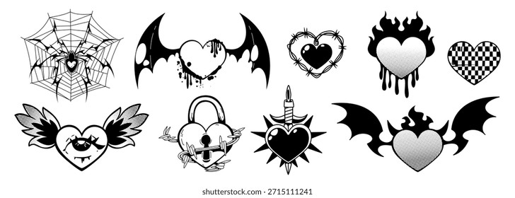 Goth heart tattoos set isolated on white. Vector illustration of black love symbols y2k design decorated with eye, devil or bat wings, lock, candle, spider web, wire, flame, old school punk stickers