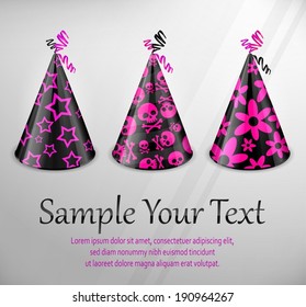 Goth party hats with decorations on grey & text, vector illustration