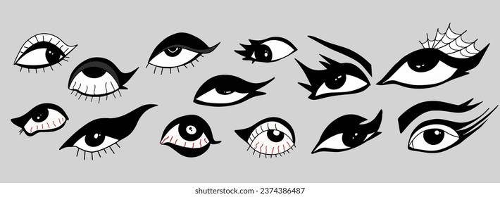 Goth set eye with gothic makeup. Different eyes, tired, red. Punk,2000x y2k emo style. Vector illustration