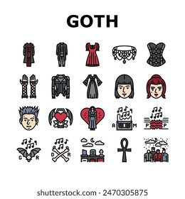 goth subculture punk gothic y2k icons set vector. heart tattoo, flame girl, people rocker, man metal, couple fire, woman graffiti goth subculture punk gothic y2k color line illustrations