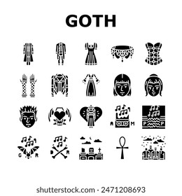 goth subculture punk gothic y2k icons set vector. heart tattoo, flame girl, people rocker, man metal, couple fire, woman graffiti goth subculture punk gothic y2k glyph pictogram Illustrations