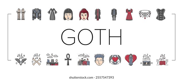 goth subculture punk gothic y2k icons set vector. heart tattoo, flame girl, people rocker, man metal, couple fire, woman graffiti goth subculture punk gothic y2k color line illustrations