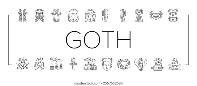 goth subculture punk gothic y2k icons set vector. heart tattoo, flame girl, people rocker, man metal, couple fire, woman graffiti goth subculture punk gothic y2k black contour illustrations