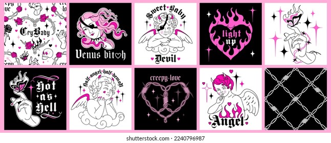 Goth Valentine's day concept.Black and pink glam love set.Dangerous creepy fire valentine cards, seamless backgrounds, square posts, print. Y2k stickers, wire frames, flame hearts, fun angels, devils svg