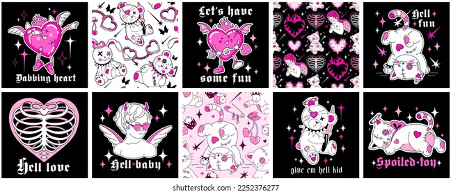 Goth Valentins Tageskonzept.Schwarze und rosafarbene Glaven lieben Sticker.Groovy Cartoon lustige Valentinkarten, nahtlose Hintergründe, quadratische Pfosten, Druck. Y2k Charaktere, kawaii Herzen, Teddy-Teufel Spielzeug.