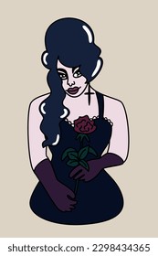 Goth. Vampire. Vector portrait of young woman with a rose dressed in gothic style isolated on light background. 