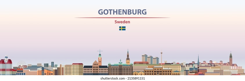 Gothenburg cityscape on sunset sky background vector illustration with country and city name and with flag of Sweden