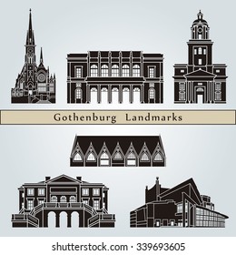 Gothenburg landmarks and monuments isolated on blue background in editable vector file