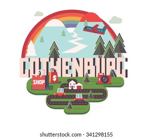 Gothenburg in Sweden is Beautiful city to visit on holiday, vector cartoon illustration