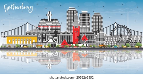 Gothenburg Sweden City Skyline with Color Buildings, Blue Sky and Reflections. Vector Illustration. Gothenburg Cityscape with Landmarks. Travel and Tourism Concept with Historic Architecture.