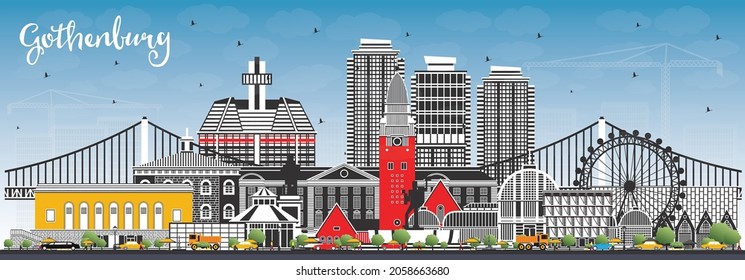 Gothenburg Sweden City Skyline with Color Buildings and Blue Sky. Vector Illustration. Gothenburg Cityscape with Landmarks. Business Travel and Tourism Concept with Historic Architecture.