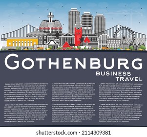 Gothenburg Sweden City Skyline with Color Buildings, Blue Sky and Copy Space. Vector Illustration. Gothenburg Cityscape with Landmarks. Business Travel and Tourism Concept with Historic Architecture.