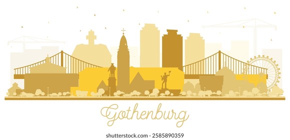 Gothenburg Sweden City Skyline Silhouette with golden Buildings Isolated on White. Vector Illustration. Gothenburg Cityscape with Landmarks. Business Travel and Tourism Concept. Historic Architecture.