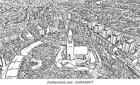 Gothenburg, Sweden. Masthuggskyrkan Church. Doodle sketch style. Aerial view