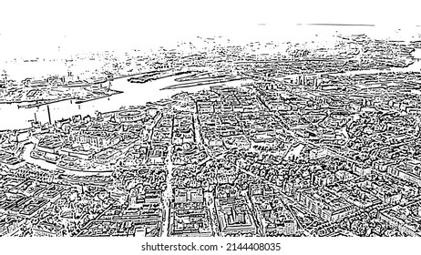 Gothenburg, Sweden. Panorama of the city and the river Goeta Elv. The historical center of the city. Doodle sketch style. Aerial view