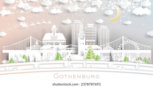 Gothenburg Sweden. Winter City Skyline in Paper Cut Style with Snowflakes, Moon and Neon Garland. Christmas, New Year Concept. Santa Claus on Sleigh. Gothenburg Cityscape with Landmarks.