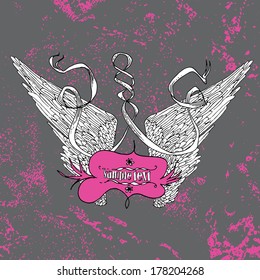 Gothic abstract hand drawing wings cross with a banner ribbon on grunge vector background. Vector illustration can be used to fabric design, decorative cover, web design, card, tattoo, etc.