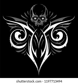 Gothic Abstract Ornament Vector Shape with Skull. White and grey on black. Grunge tattoo vector illustration.