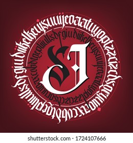 Gothic abstract round calligraphy on red background. T-Shirt Design and Printing, clothes, bags, posters, invitations, cards, leaflets etc. Vector hand drawn illustraton.