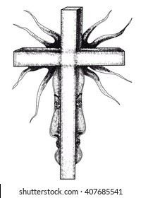 Gothic abstraction with cross. Surreal vector graphics, can use for posters cards, stickers, illustrations, t-shirt art as decorative element.