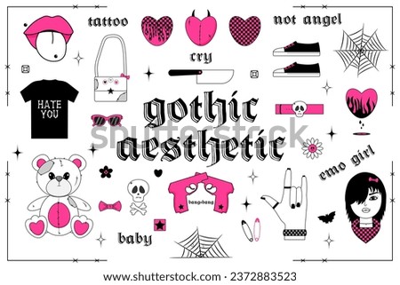 Gothic aesthetic in y2k, 90s, 00s and 2000s style. Set of flat girly stickers. Bear, emo girl, heart and other elements in trendy emo goth. Pink, black, white colors. Vector illustration