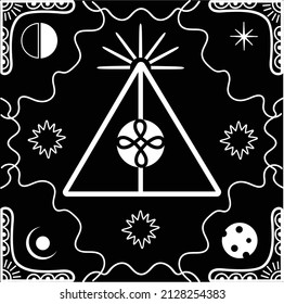 Gothic alchemy occult banner. Geomitric outline black and white illustration. Vector witchcraft tattoo