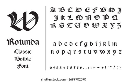 Gothic Alphabet Font. Blackletter Calligraphy Typeface. Medieval Ink Script In Modern Font. 