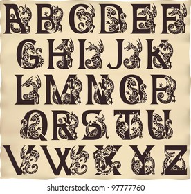gothic alphabet with gargoyles in medieval style