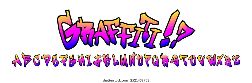 Alfabeto gótico em estilo grafite com um gradiente de cores rosa, azul e amarelo. Letras desenhadas à mão no estilo musical do punk e do rock.