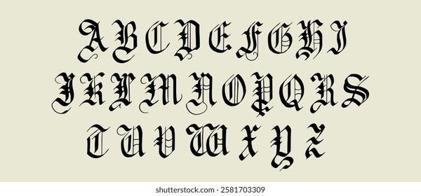 Gothic alphabet. Medieval handwritten typeface in old style made with calligraphy pen. Traditional font for authentic projects engraved on paper