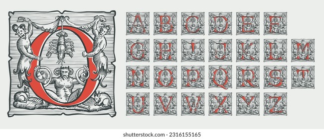 Gothic alphabet set. Medieval drop caps. Devil, witches and ghosts in hell. Engraving hatching illustrations. Germanic font for bewitchment labels, pagan music, black magic posters, potions packaging.