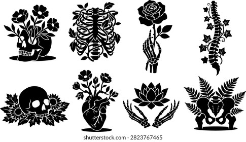 Gothic anatomical botanical vector silhouettes set featuring skull ribcage heart spine and flowers isolated.
