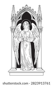 Gothic Angel Statue Praying in Cathedral Arch Religious Medieval Art Vector Illustration