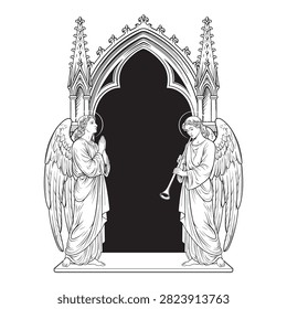 Gothic Angel Statue Praying in Cathedral Arch Religious Medieval Art Vector Illustration