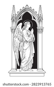 Gothic Angel Statue Praying in Cathedral Arch Religious Medieval Art Vector Illustration