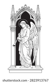 Gothic Angel Statue Praying in Cathedral Arch Religious Medieval Art Vector Illustration