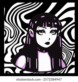 Gothic anime girl with dark hair on a wavy psychedelic background. Vector illustration for a print design.