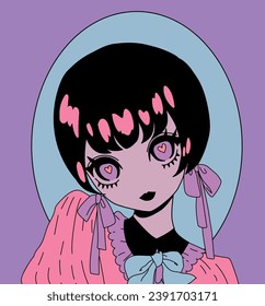 Gothic anime girl personage with dark hair and fashionable pink dress. Vector illustration for t-shirt, poster or cover design.