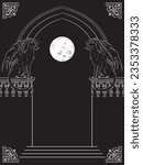 Gothic arch with black cats gargoyles hand drawn vector illustration. Frame or print design