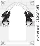 Gothic arch with black cats gargoyles hand drawn vector illustration. Frame or print design