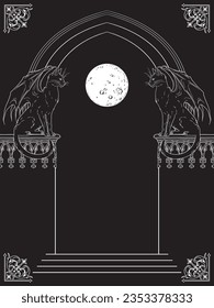 Gothic arch with black cats gargoyles hand drawn vector illustration. Frame or print design