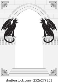 Gothic arch with black cats gargoyles hand drawn vector illustration. Frame or print design