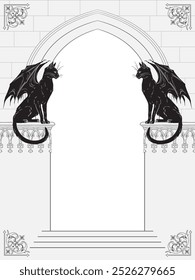 Gothic arch with black cats gargoyles hand drawn vector illustration. Frame or print design