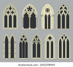 Gothic arch church windows with classic art detailed frame set isometric vector illustration. Vintage ornamental interior for cathedral historic palace geometric medieval decorative flourish border