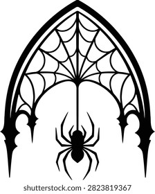  Gothic arch frame spider web with hanging spider, vector silhouette illustration for Halloween decor and window designs.