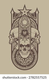 Gothic Arch Frame with Twin Skulls and Serpent Composition