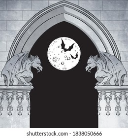 Gothic arch with gargoyles and full moon hand drawn vector illustration. Frame or print design