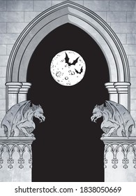 Gothic arch with gargoyles and full moon hand drawn vector illustration. Frame or print design