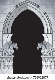 Gothic arch with gargoyles hand drawn vector illustration. Frame or print design.